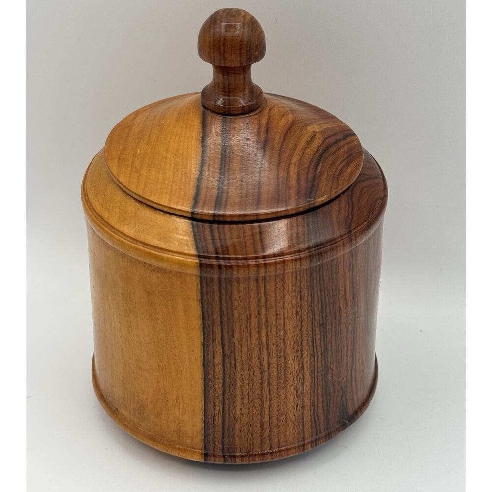 Vintage Hand Turned Two Tone Wood Lidded Box 5" Round Knob Lid Wooden Container